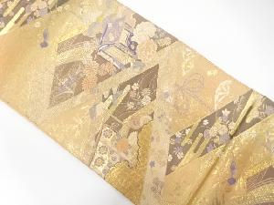 アンティーク　御所車に几帳・花模様織り出し袋帯（材料）